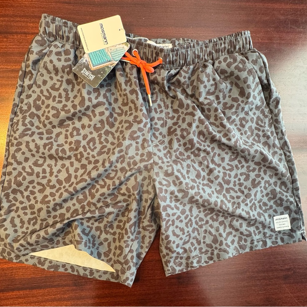 MOSSMAN Australia Grey Leopard Print Swim Trunks with Orange Drawstring NWT
